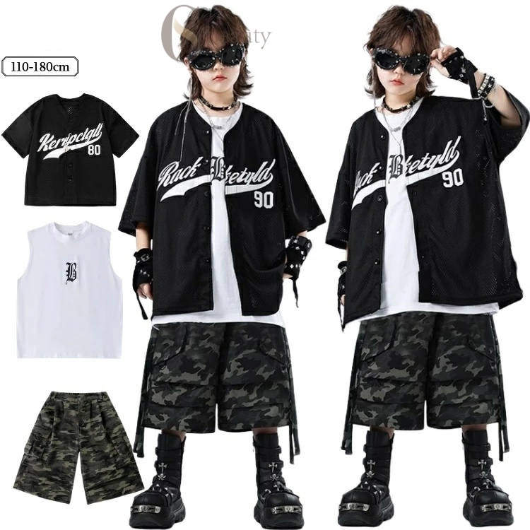 迷彩 キッズダンス 衣装 黒 セットアップ ベースボールシャツ 男の子 かっこいい 韓国 HIPHOP 上下 ダ..