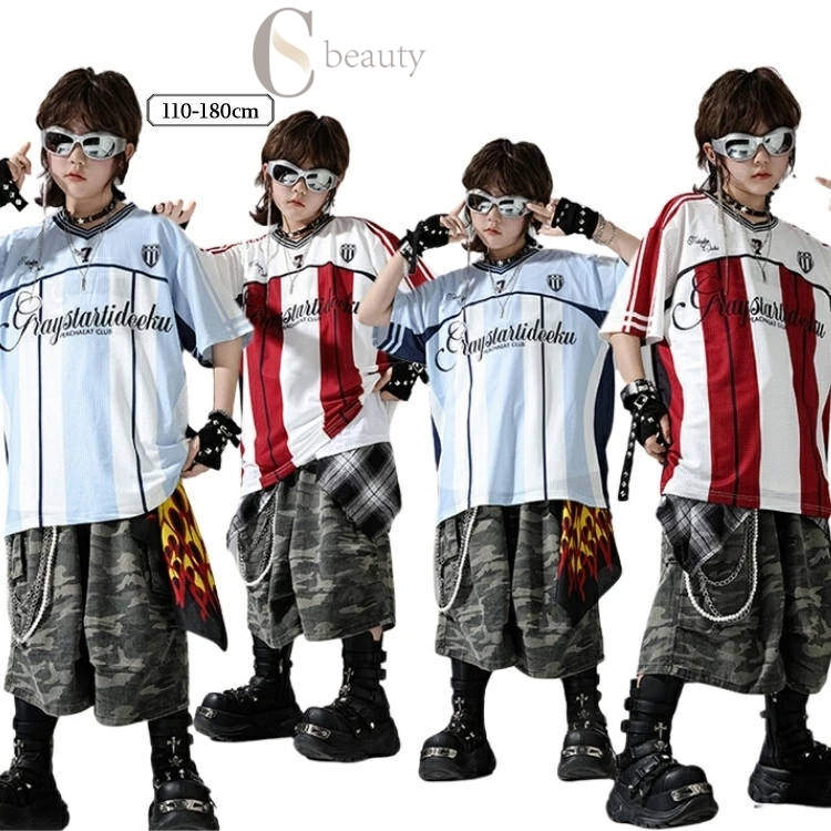 迷彩 キッズダンス 衣装 セットアップ 男の子 赤 青 レーシング ストライプ ストリートダンス Tシャツ ..