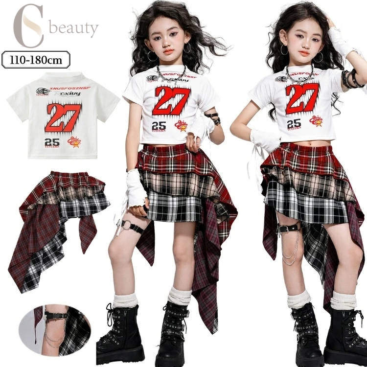 キッズ ダンス衣装 白 赤 チェック柄 セットアップ k-pop 女の子 おしゃれ tシャツ スカート ストリー..