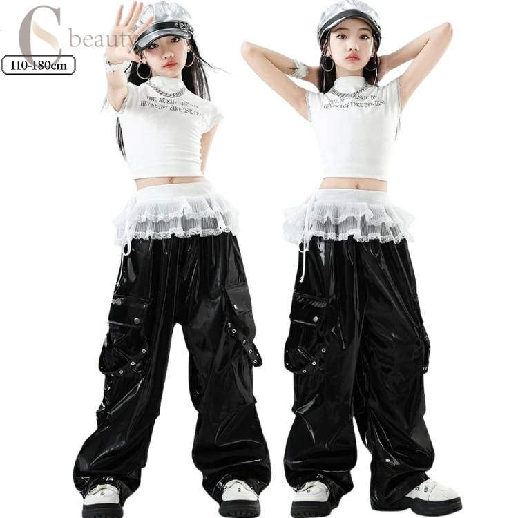 黒 白 ダンス衣装 上下セット 女の子 HIPHOP 韓国 アイドルトップス ダンスパンツゆったり 革 かっこい..