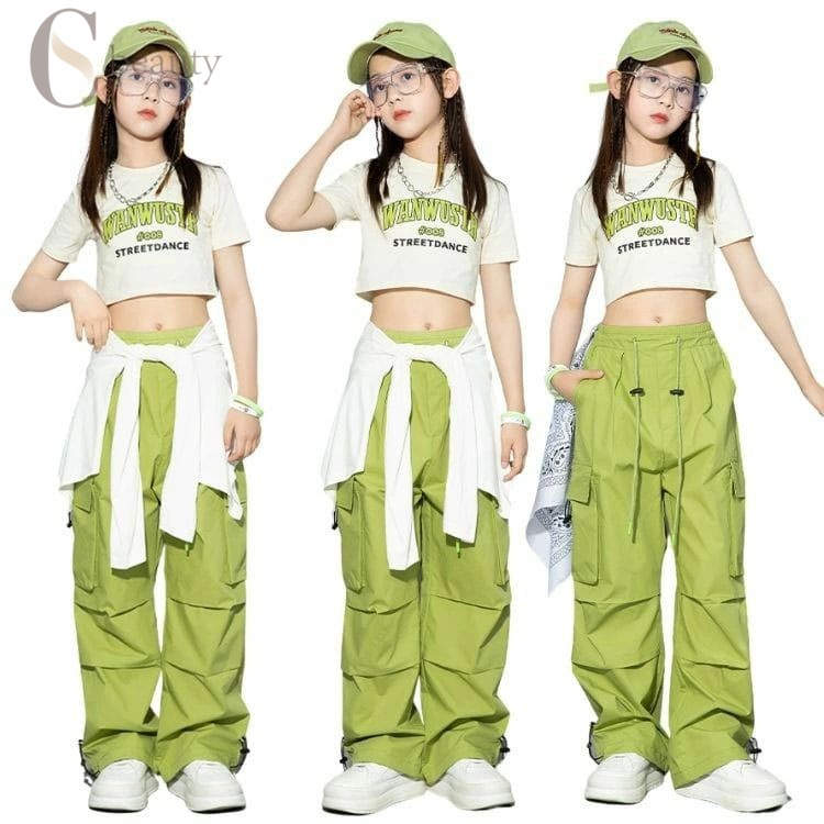 ダンス衣装 キッズ 子供服 セットアップ 女の子 キッズ 半袖Tシャツ パンツ ベージュ グリーン ワイド..