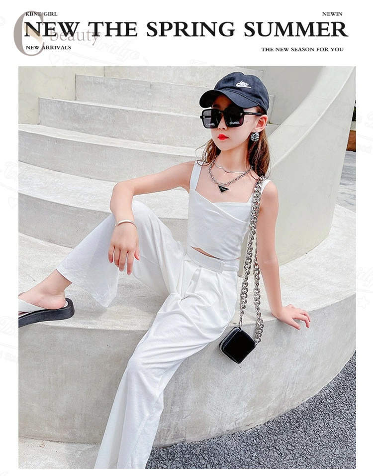 女の子 セットアップ 子供服 子供衣装 パンツセット 夏 タンクトップ 夏用 袖なし 肩出し 可愛い 女の子 長ズボン ホワイト 120-170cm 大人っぽい ワイドパンツ 韓国ファション 2点セット ダンス衣装 キッズダンス リゾート 普段着 旅行 演出