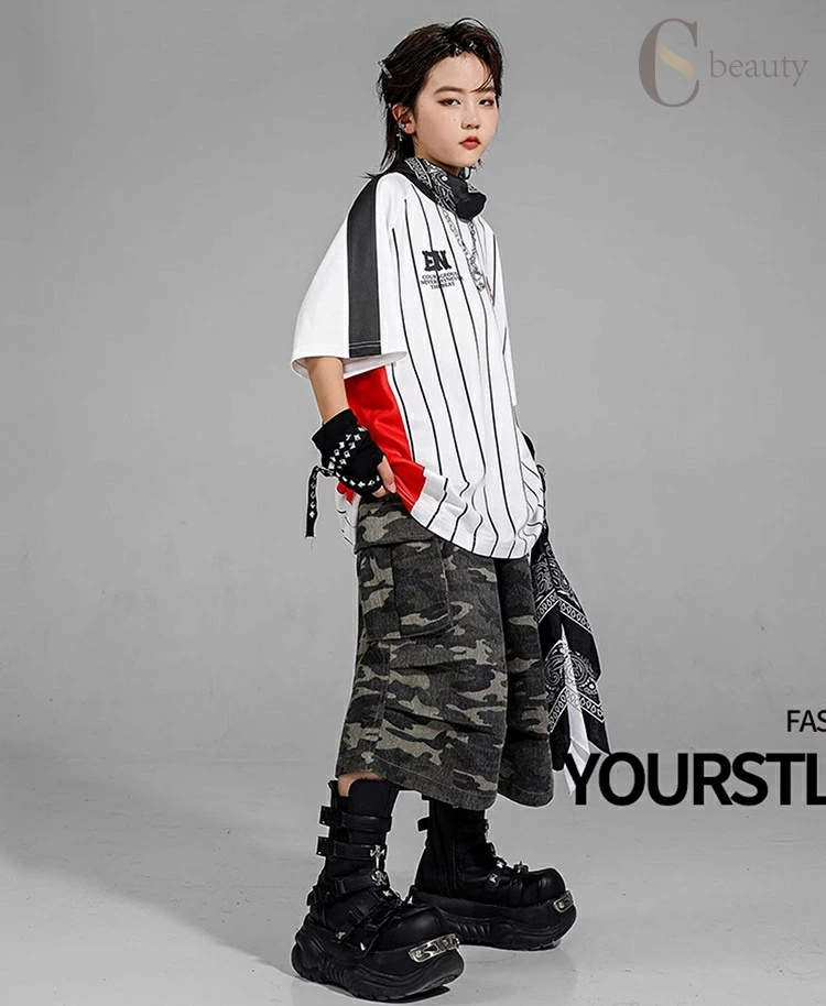 キッズ ダンス衣装 かっこいい 迷彩 ストライプ 男の子 セットアップ ヒップホップ ダンス衣装 キッズ 派手 Tシャツ パンツ 韓国 練習着 上下セット 演出服 ファッション デザイン 派手 HIPHOP 子供服 ステージ衣装 個性 赤 白 カーキグリーン 2