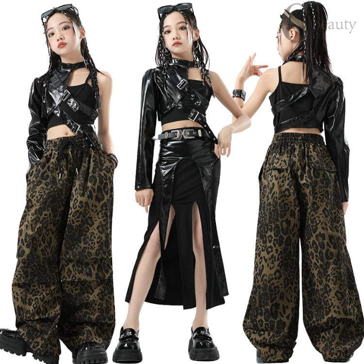 キッズ ジャズダンス衣装 女の子 ダンス衣装 黒 セットアップ PUレザー トップス へそ出し キャミソー..