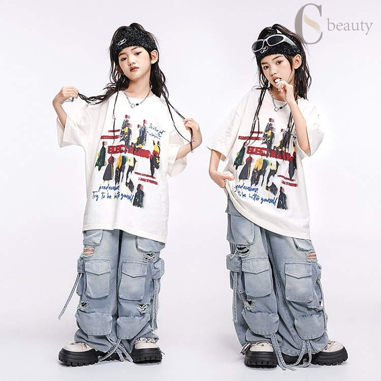 ダンス衣装 デニム キッズ セット 子供服 tシャツ 白 デニム パンツ ダメージ かっこいい ヒップホップ..