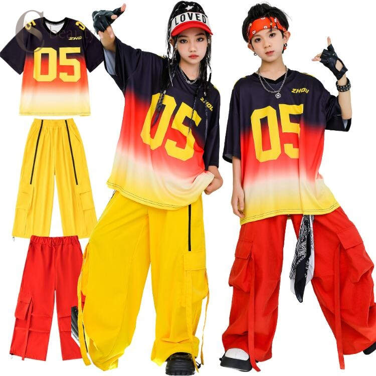 tシャツ 派手 キッズ ダンス 衣装 赤色 セットアップ 子供服 ヒップホップ 衣装 レーシングスーツ 練習..