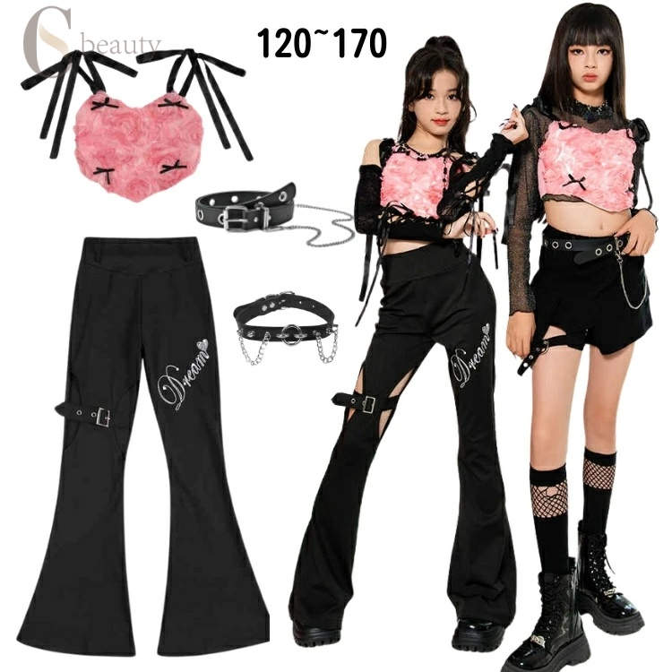 ヒップホップ ピンク 秋 キッズ ダンス 衣装 レッグウォーマーファッション 女の子 子供服 へそ出し服 ..