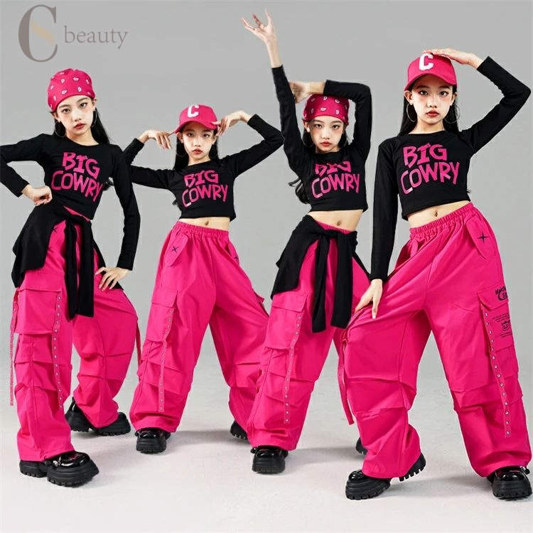 樂天商城 - 子供ダンス 女の子 黒 英字 長袖トップス へそ出し キッズダンス衣装 バラ色カーゴパンツ ロングパンツ ジャズダンス 演出服 セットアップ おしゃれ ヒップホップ ダンス 練習着 ガールズ ステージ衣装 ズボン トップス jazz k-pop 110-170