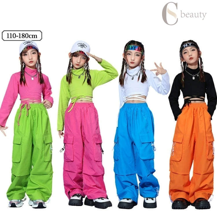 キッズダンス衣装 セットアップドーパミンカラージャズダンス ショッキングピンク 女の子 長袖トップス..