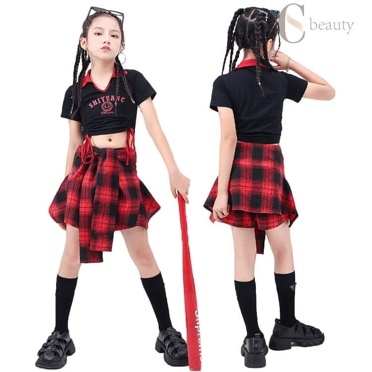 韓国 子供服 女の子 k-pop アイドル 衣装 キッズダンス衣装 セット スカッツ チェック柄 小学生 ダンス..