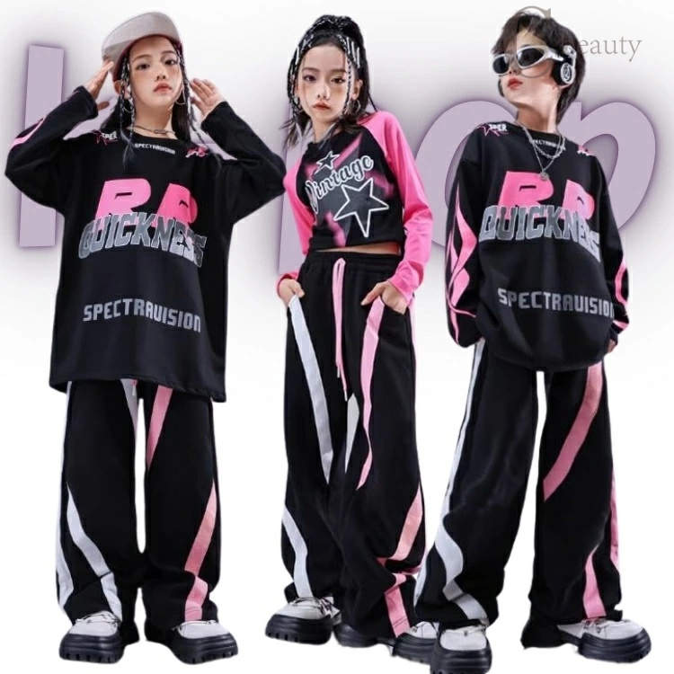 キッズダンス 衣装 黒 ピンク ブラック ストライプ 子供服 女の子 男の子 レーシング 長袖 パンツ 子供..