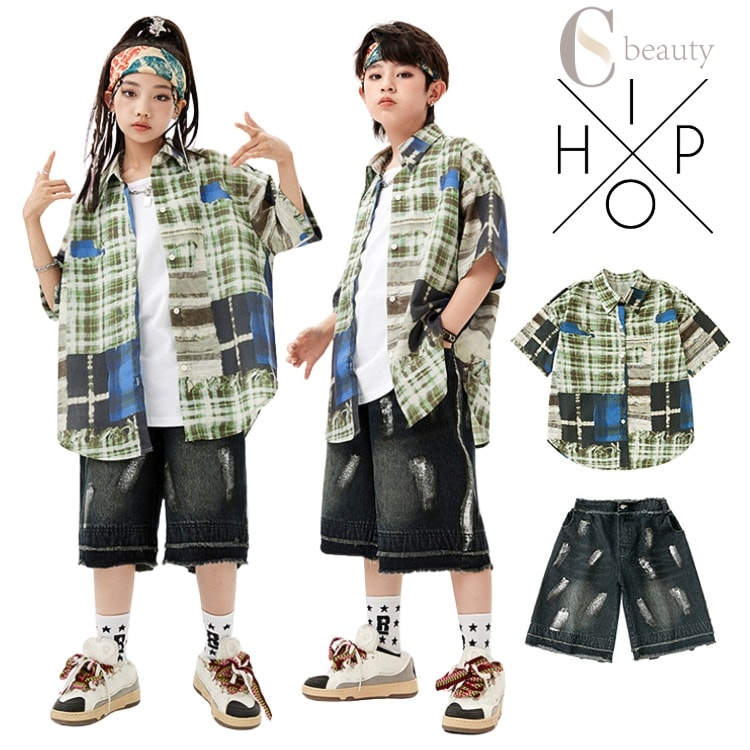 チェック柄 シャツ 半袖 デニムパンツ キッズ ダンス 衣装 セットアップ 子供服 柄シャツ デニム パンツ ショート丈 ジーンズ キッズダンス衣装 セット 男の子 女の子 派手 ストリート系