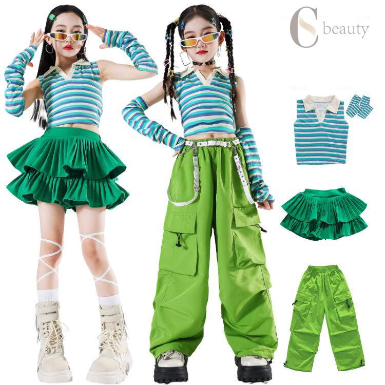 ガールズ ボーダー柄 Y2K キッズダンス衣装 セットアップ ヒップホップ キッズ 衣装 女の子 ストリート..