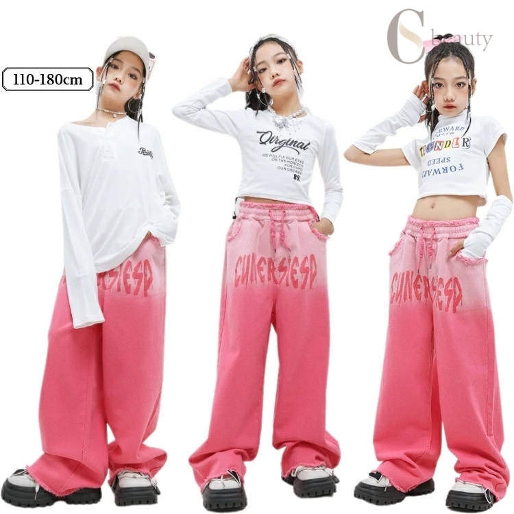 キッズダンス衣装 ジャズダンス 白 グラデーション ショッキングピンク チア 長袖トップス ヘソ出し カーゴパンツ ヒップホップ ストリート セットアップ jazz k-pop 演出服 ロングパンツ ダンスパンツ 練習服 おしゃれ 110-180