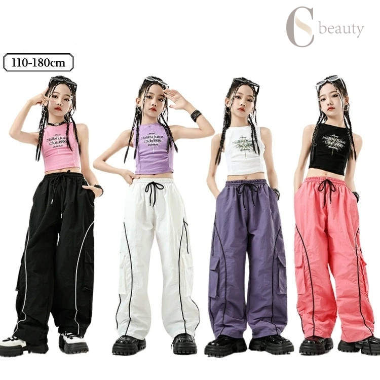 ジャズダンス 女の子 黒 ピンク 白 紫 キッズダンス衣装 へそ出し チョッキ ヒップホップ カーゴパンツ..