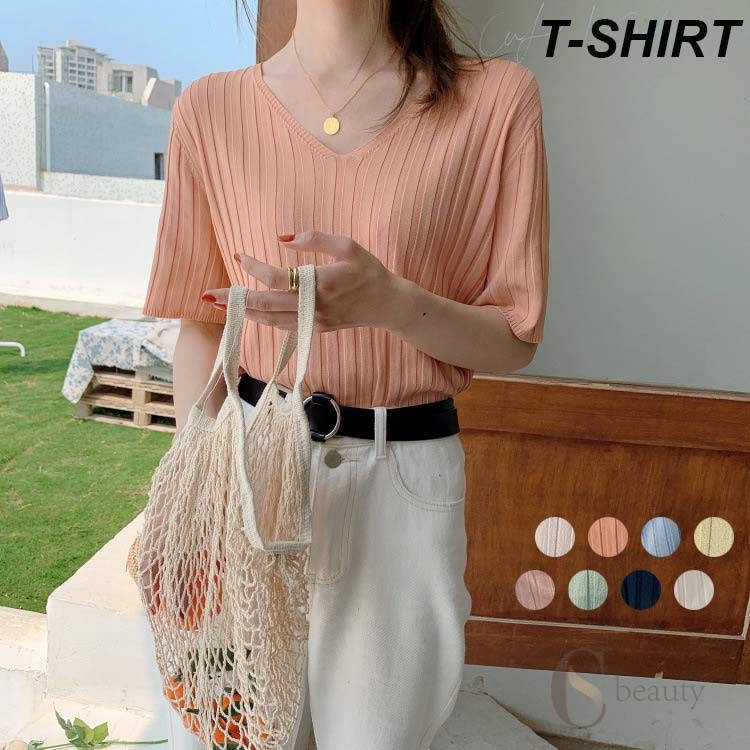 Rakuten - Tシャツ 半袖 半袖Tシャツ プルオーバー カットソー Vネック ボーダー柄 サマーニット 夏ニット リブ リブニット カジュアル ストレッチ シンプル 無地 着痩せ 半袖 半袖ニット ピンキーカーラ レーヨン生地 レディース ガーリー 可愛い