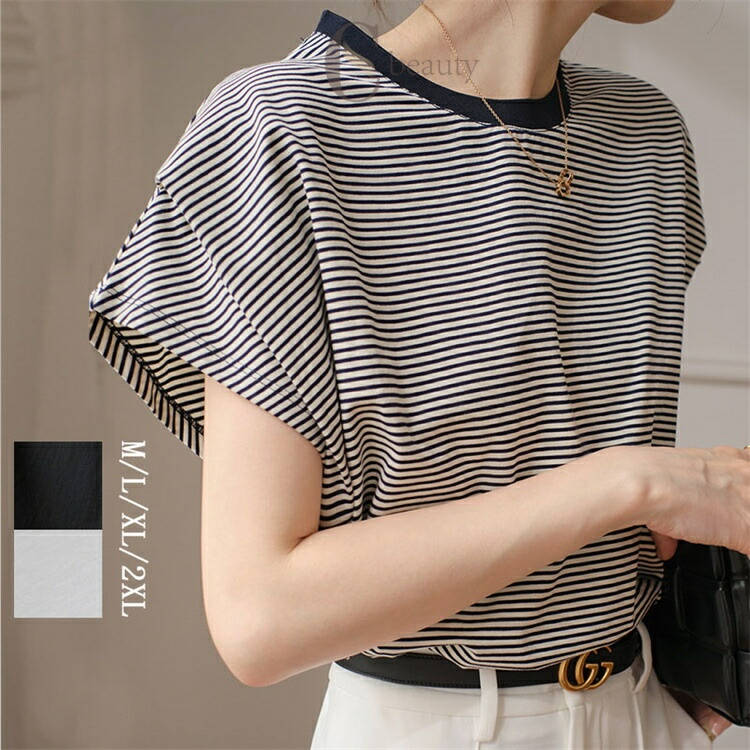 樂天商城 - tシャツ レディース 半袖 カットソー 半袖tシャツ Tシャツ フレンチスリーブ ストライプ クルーネック 細ボーダー 無地 ゆったり 着痩せ 袖折り返し シンプル レイヤード 重ね着 きれいめ カジュアル ガーリー 春夏 韓国ファッション お