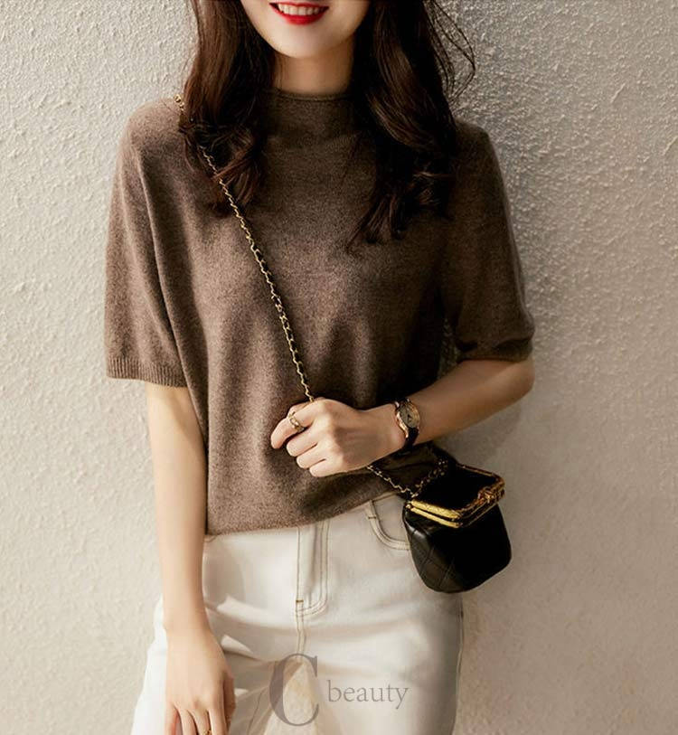 Tシャツ レディース 半袖 カットソー ハイネック 五分袖 リブ プルオーバー ストレッチ トップス 大きいサイズ カジュアル ニットウェア サマーニット 春 夏 ニット お洒落 クルーネック カジュアル フェミニン ベーシック 無地 着回し