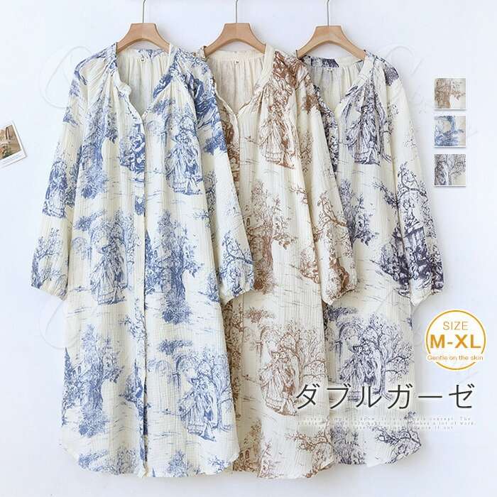 サイズ M: 着丈108　バスト104 L: 着丈111　バスト110　 XL: 着丈114 バスト116 ※サイズは人の手によって測っているため、1-3cmの誤差がある場合がございます。 素材 ガーゼ 生地の厚さ 薄手