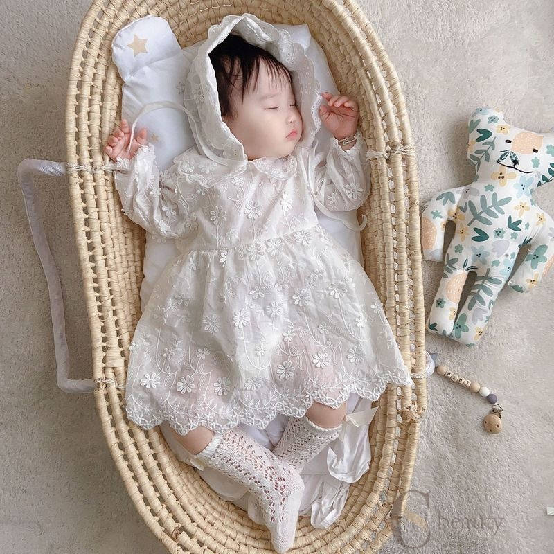 送料無料 セレモニードレス ロンパース カバーオール 長袖 帽子付き 2点セット 子供服 ベビー 赤ちゃん 新生児 長袖 刺繍 レース ワンピース かわいい キュート 女の子 股スナップボタン 退院 お祝い ボンネット帽子 お食い初め 100日祝い