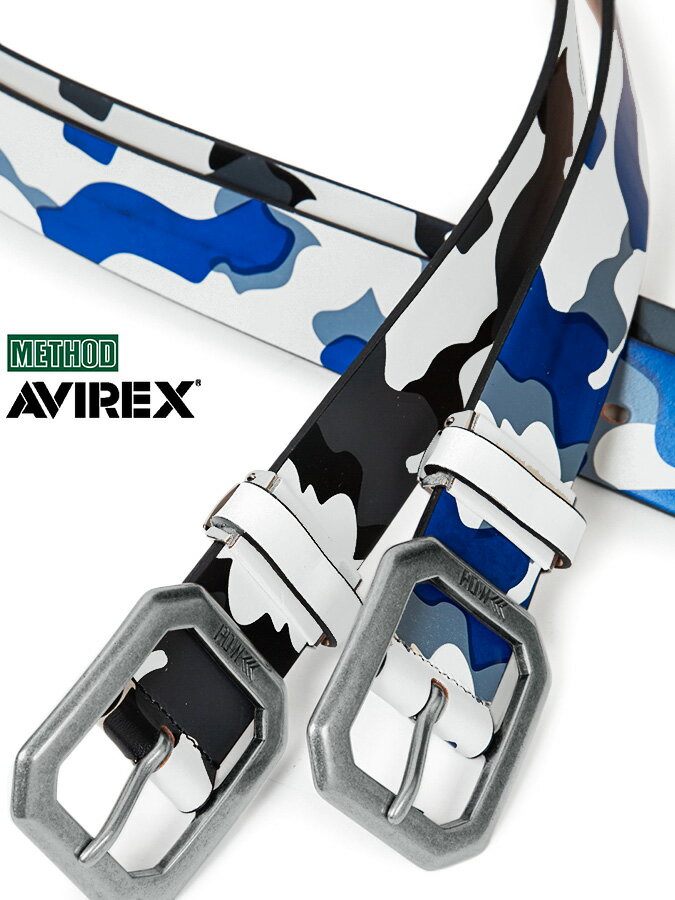 【AVIREX】P.D.W. OCTAGON BUCKLE CAMOUFLAGE COW LEATHER BELT〔LIMITED〕 ｜ ベルト メンズ 本革 牛..