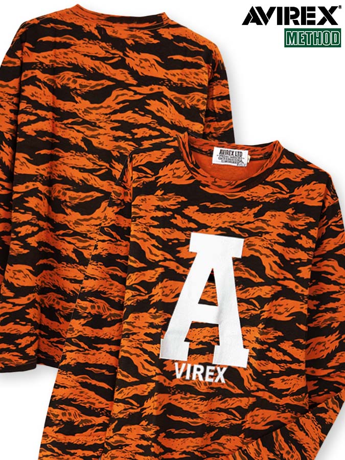 ◆スーパーSALE◆【AVIREX】“BIG A” ORANGE CAMO CUSTOM LONG SLEEVE TEE〔LIMITED〕 ｜ ロンティー 長T 長袖Tシャツ メンズ 冬 春 白 オレンジ M L LL XL 2L XXL 3L ビッグサイズ 人気 おすすめ おしゃれ アヴィレックス ブランド