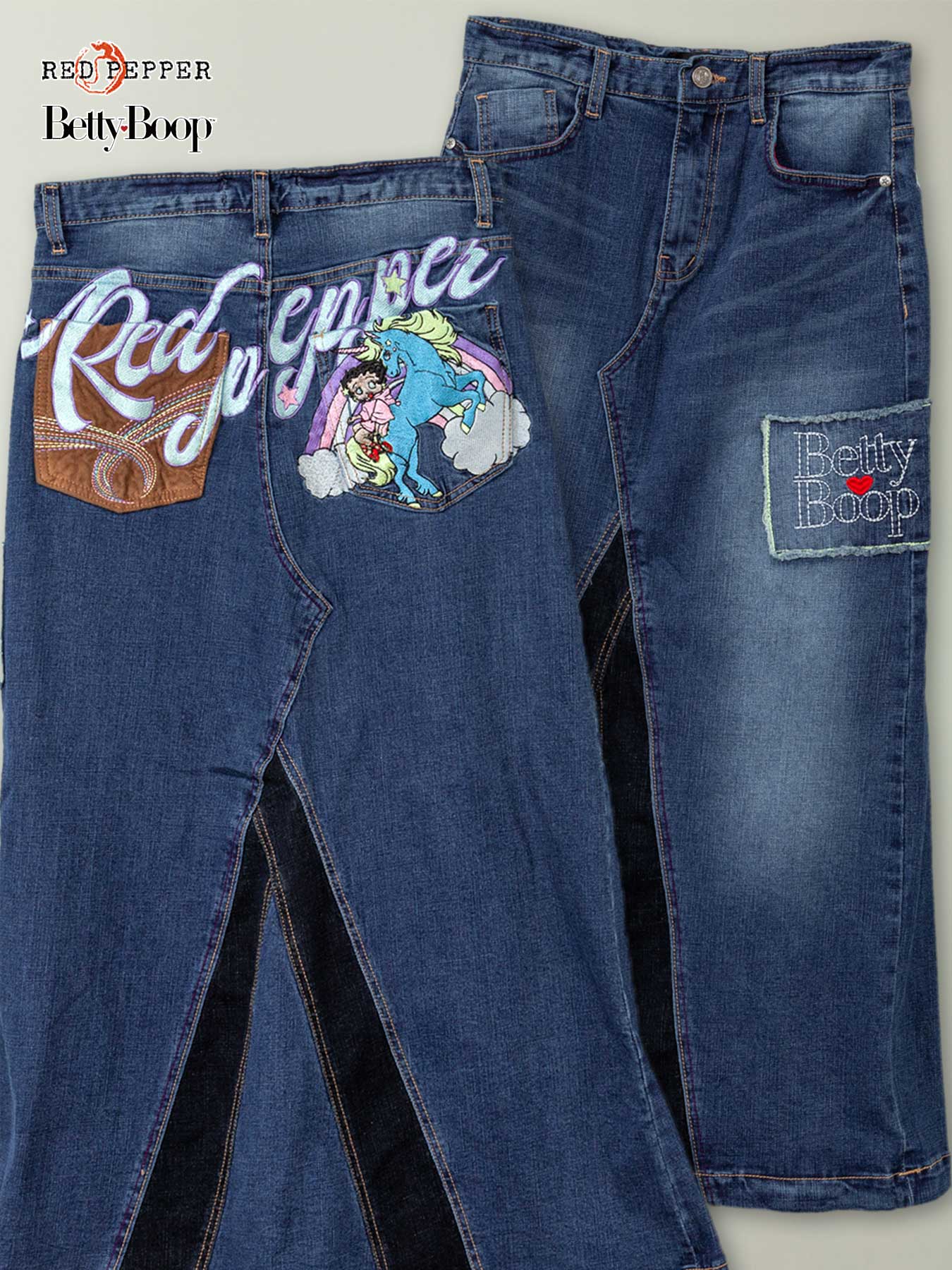 楽天流儀圧搾 楽天市場店＜送料無料＞【RED PEPPER×BETTY BOOP】“UNICORN BETTY”DENIM LONG SKIRT〔Lady's〕 ｜ デニム スカート ロング ロンスカ 通販 レディース 女性用 紺 ネイビー S M L XL LL 2L 大きめ ゆったり 人気 おすすめ おしゃれ かわいい かっこいい ブランド 流儀圧搾 METHOD