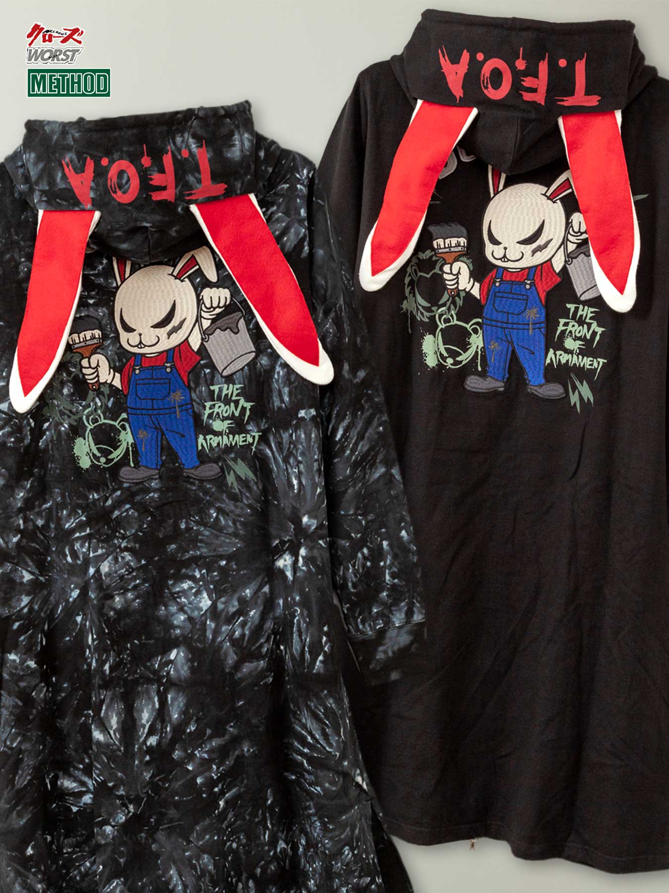 【CROWS×WORST】 デスラビット 刺繍入り 耳付き フード ワンピース 〔別注〕 ｜ パーカー ジップ フルジップ ロング丈 ロング ワンピ 長袖 通販 レディース 女性用 秋 秋服 グレー 黒 ブラック M L XL LL 2L XXL 3L 人気 デスラビ バイカー 流儀圧搾