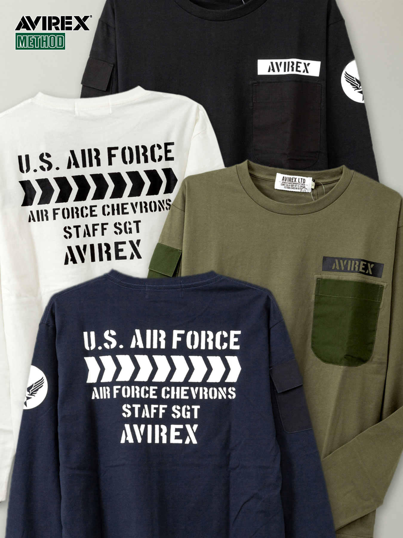 ＜送料無料＞【AVIREX】FATIGUE LONG SLEEVE TEE〔LIMITED〕 ｜ ロンティー ロンT 長T 長袖 Tシャツ ティーシャツ 通販 メンズ ユニセックス 秋 秋服 白 ホワイト 黒 ブラック 緑 カーキ 紺 ネイビー S M L XL LL 2L XXL 3L 人気 ミリタリー ブランド 流儀圧搾 METHOD