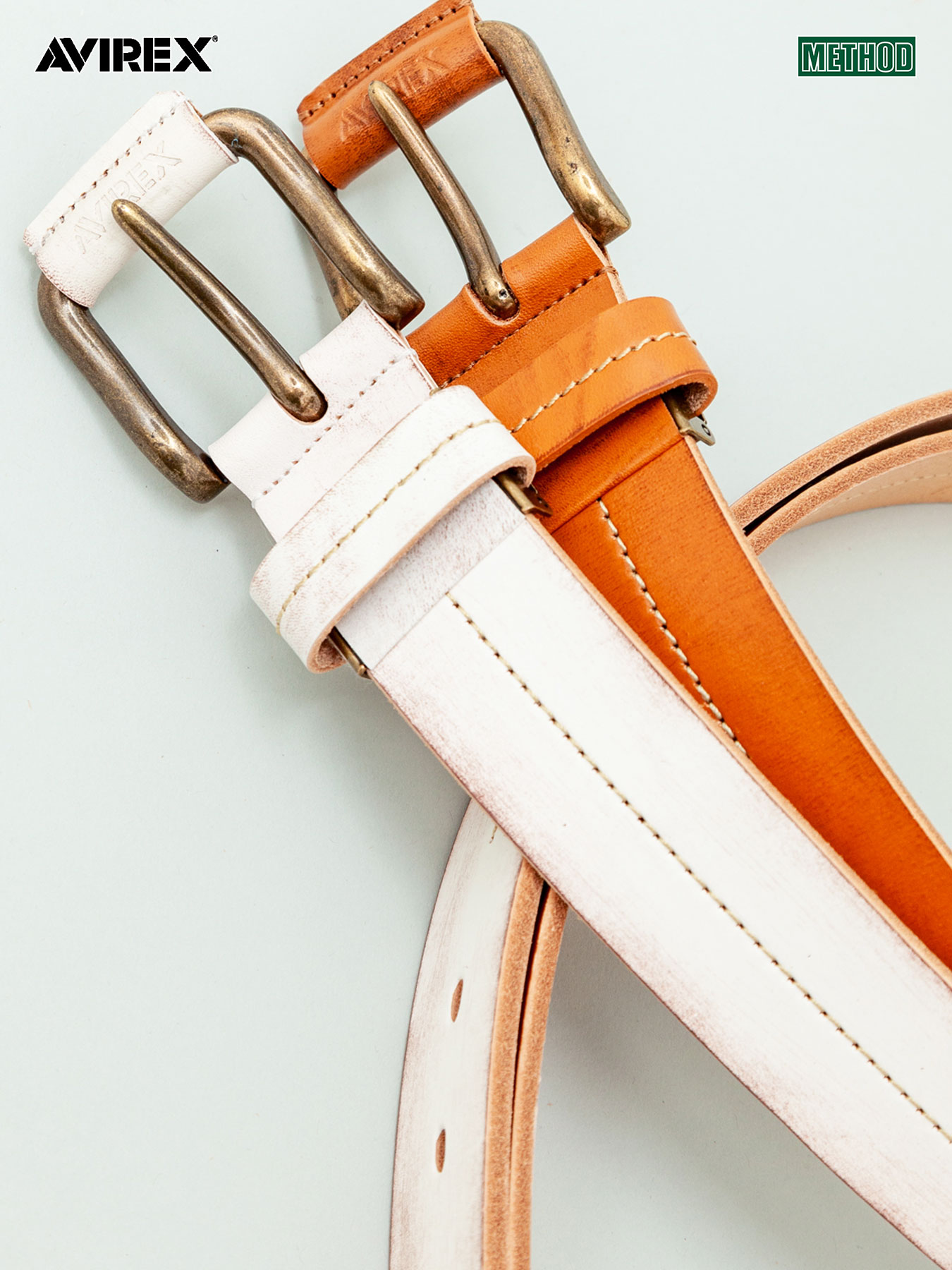 【AVIREX】CENTER STITCH COW LEATHER BELT〔LIMITED〕 | ベルト レザー 本革 牛革 カウハイド 通販 メンズ レディース ユニセックス 白 ホワイト 茶色 ブラウン 長い ロング サイズ調整 人気 オススメ おしゃれ カッコいい シンプル 丈夫 長持ち ブランド 流儀圧搾 METHOD