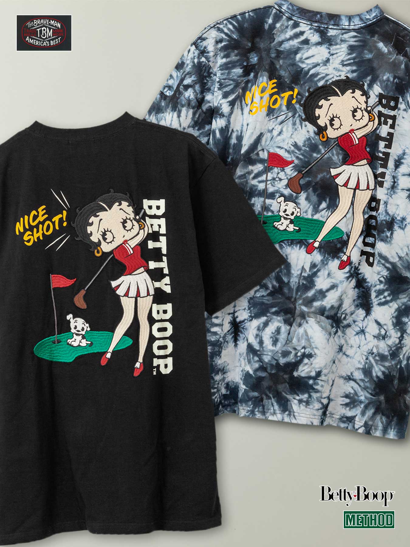 ＜送料無料＞【The BRAVE-MAN×BETTY BOOP】“ベティ：ゴルフ” 刺繍入り Tシャツ 〔別注〕 ｜ ティーシャツ 半袖 通販 メンズ レディース ユニセックス 春 春服 夏 夏服 グレー 黒 ブラック タイダイ S M L XL LL 2L XXL 3L XXXL 4L 大きいサイズ バイカー 流儀圧搾 METHOD