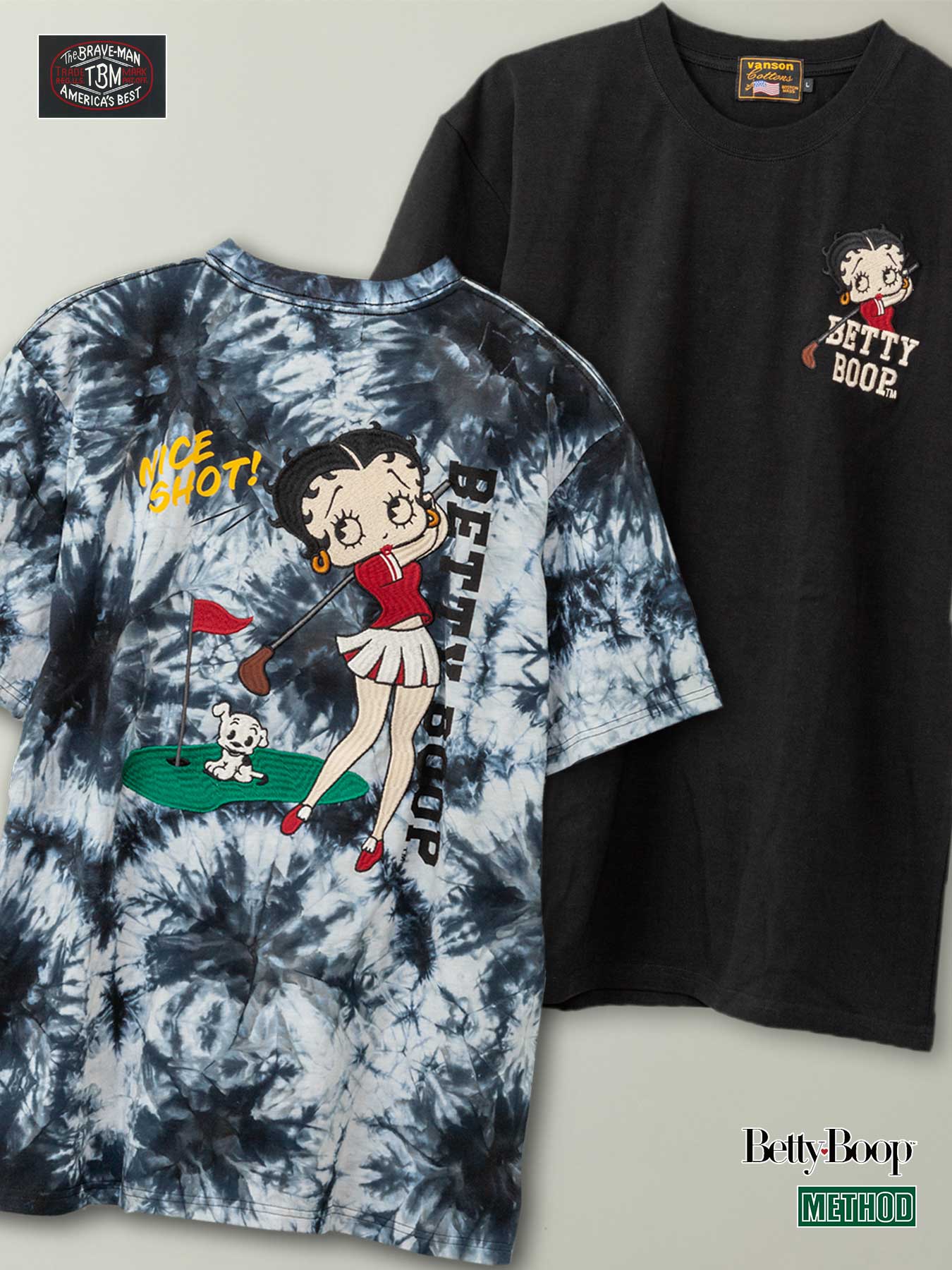 ＜送料無料＞【The BRAVE-MAN×BETTY BOOP】“ベティ：ゴルフ” 刺繍入り Tシャツ 〔別注〕 ｜ ティーシャツ 半袖 通販 メンズ レディース ユニセックス 春 春服 夏 夏服 グレー 黒 ブラック タイダイ S M L XL LL 2L XXL 3L XXXL 4L 大きいサイズ バイカー 流儀圧搾 METHOD