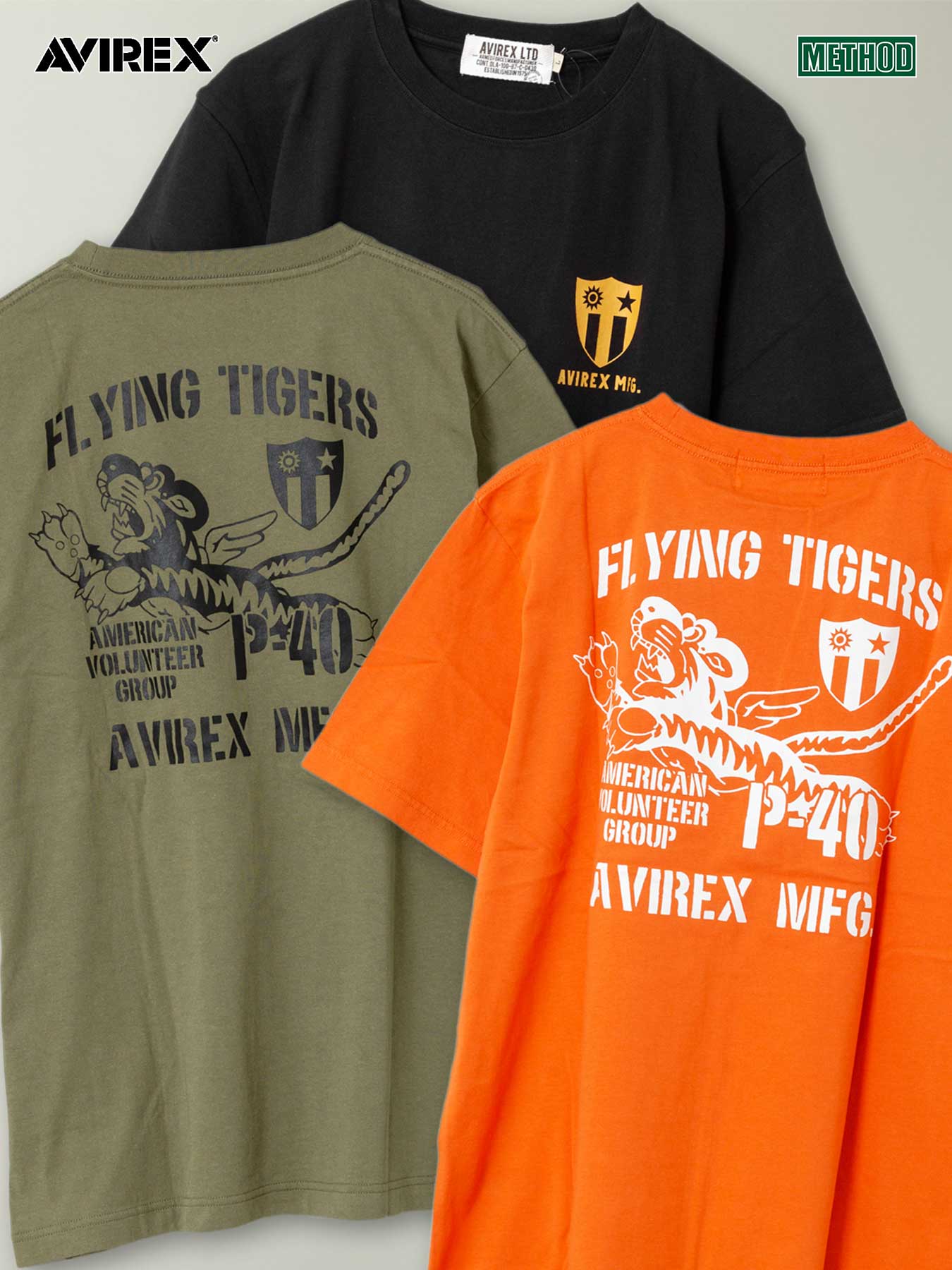 【AVIREX】“FLYING TIGERS” BACK PRINT S/S T-SHIRT〔LIMITED〕 ｜ Tシャツ ティーシャツ 半袖 通販 メンズ レディース ユニセックス 春 春服 夏 夏服 黒 ブラック オレンジ 緑 カーキ M L XL LL 2L XXL 人気 オススメ アビレックス ミリタリー ブランド 流儀圧搾 METHOD