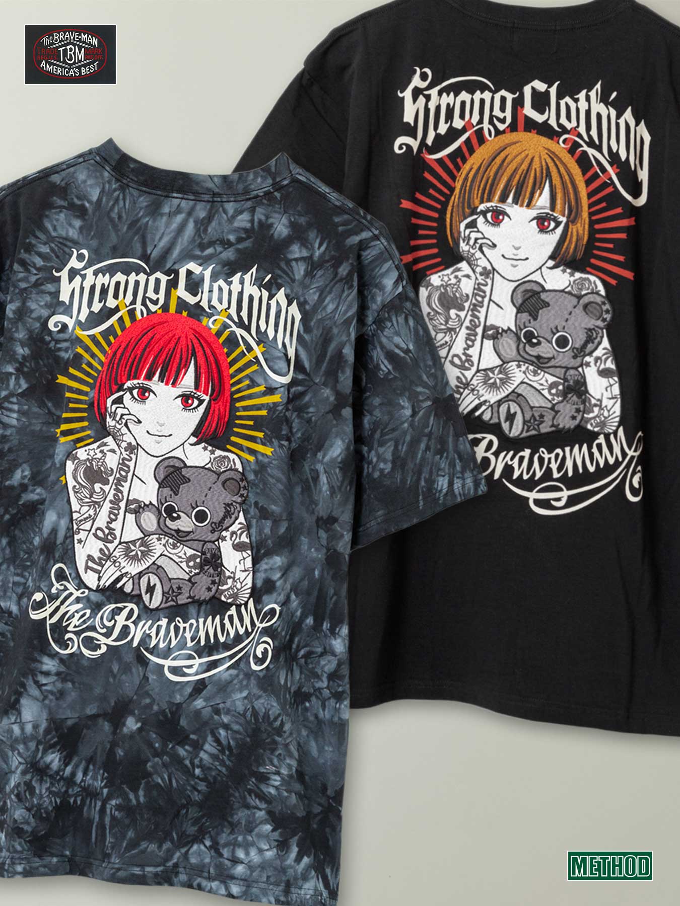 【The BRAVE-MAN】“MY ODD BUDDY” 刺繍入り プリント Tシャツ 〔別注〕｜ ティーシャツ 半袖 夏 夏服 メンズ ユニセックス タイダイ 黒 ブラック M L XL LL 2L XXL 3L XXXL 4L 人気 おすすめ クマ 熊 タトゥー バイカー ブレイブマン