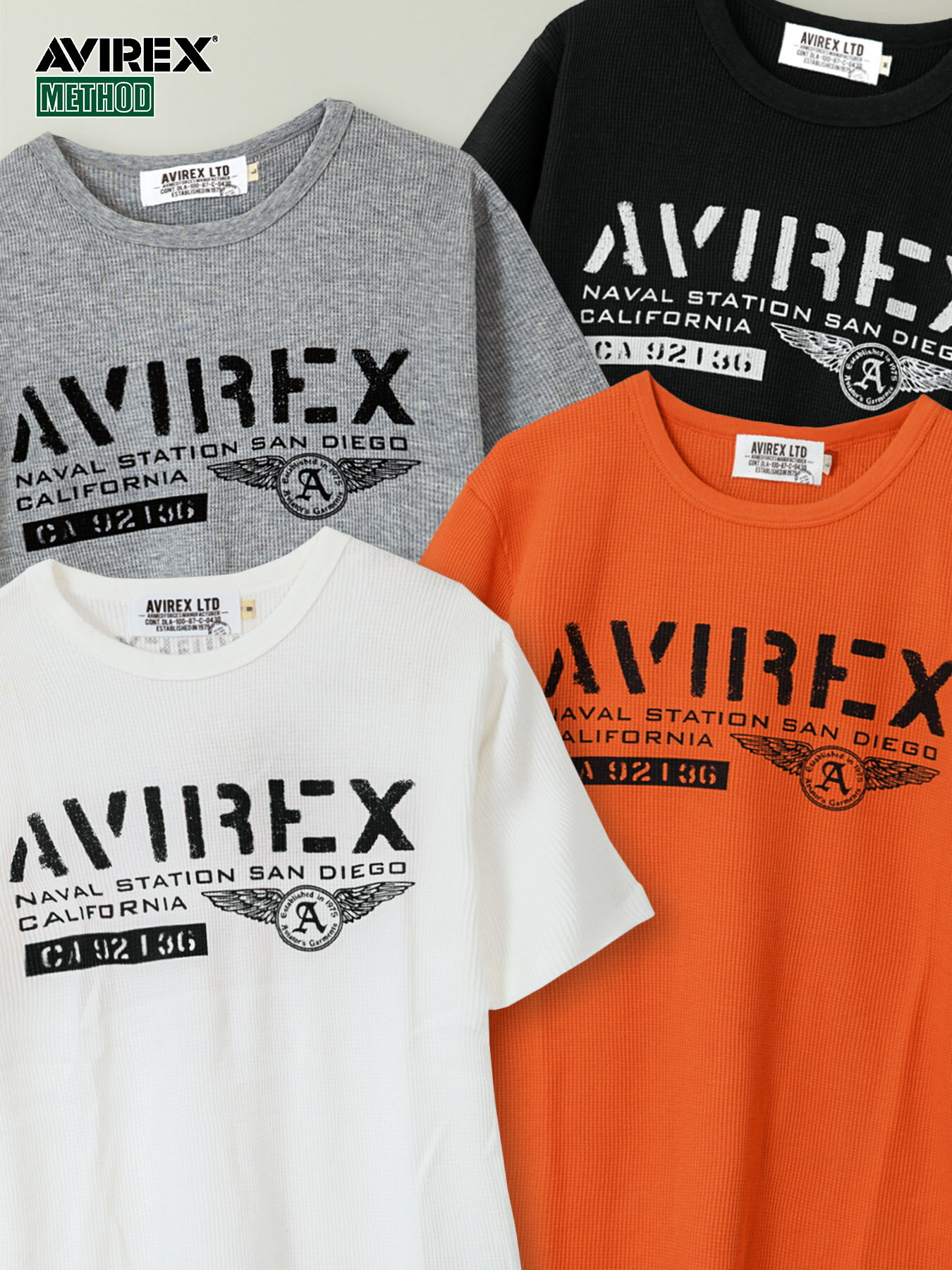 【AVIREX】“SAN DIEGO”WAFFLE T-SHIRT 〔LIMITED〕 ｜ ティーシャツ 半袖 通販 春 夏 夏服 メンズ 白 ホワイト グレー 黒 ブラック S M..