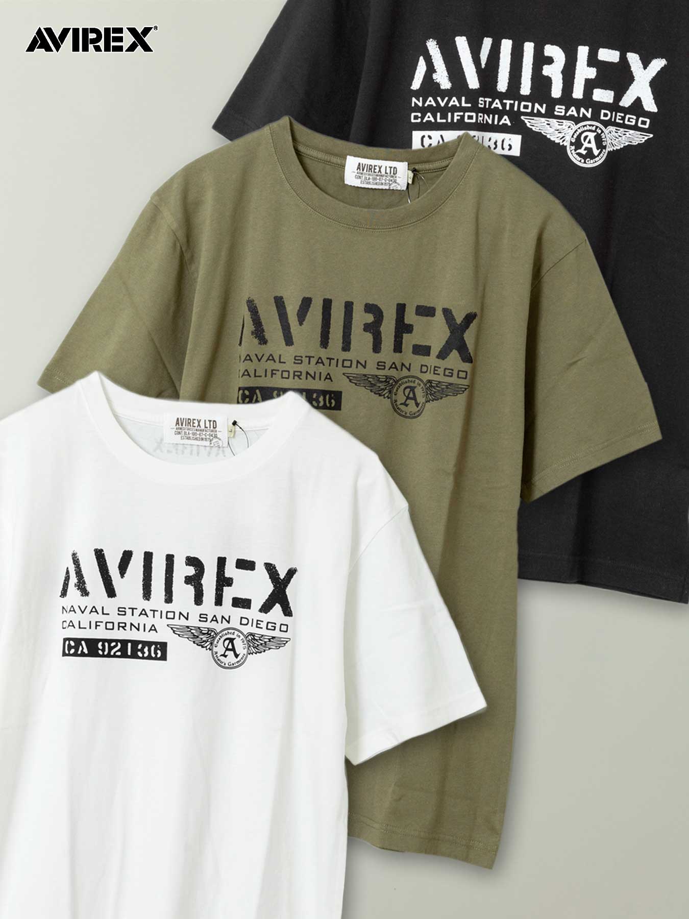 【AVIREX】“SANDIEGO” S/S T-SHIRT ｜ Tシャツ ティーシャツ 半袖 通販 メンズ レディース ユニセックス 春 春服 夏 夏服 白 ホワイト 黒 ブラック 緑 カーキ M L XL LL 2L XXL 3L 人気 アビレックス ブランド 流儀圧搾 METHOD