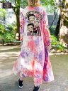 ＜送料無料＞【The BRAVE-MAN×BETTY BOOP】“Angel Betty Devil Betty”刺繍入り ワンピース ｜ ロングワンピ ロング丈 長袖 Tシャツ ロンT 通販 レディース 女性用 秋 秋服 オールシーズン 黒 ブラック ピンク タイダイ S M L XL LL 2L バイカー ベティ 流儀圧搾 METHOD