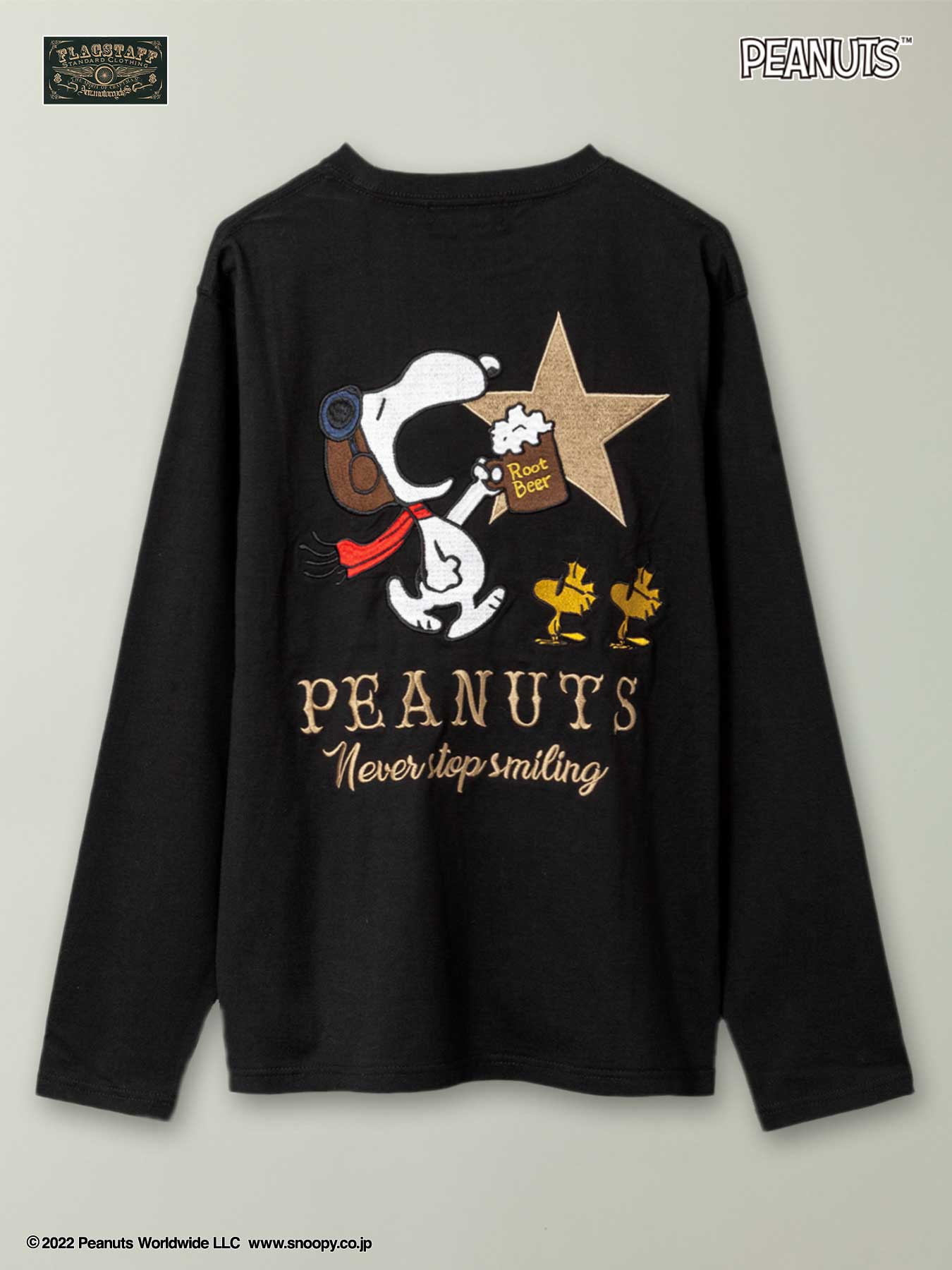 ＜送料無料＞【FLAGSTAFF×PEANUTS】“Root Beer” 総刺繍 ロンT ｜ Tシャツ 長T 長袖 通販 秋 秋服 オールシーズン メンズ レディース ユニセックス 黒 ブラック M L XL LL 2L XXL 3L 人気 オススメ フラッグスタッフ スヌーピー ピーナッツ 流儀圧搾 METHOD