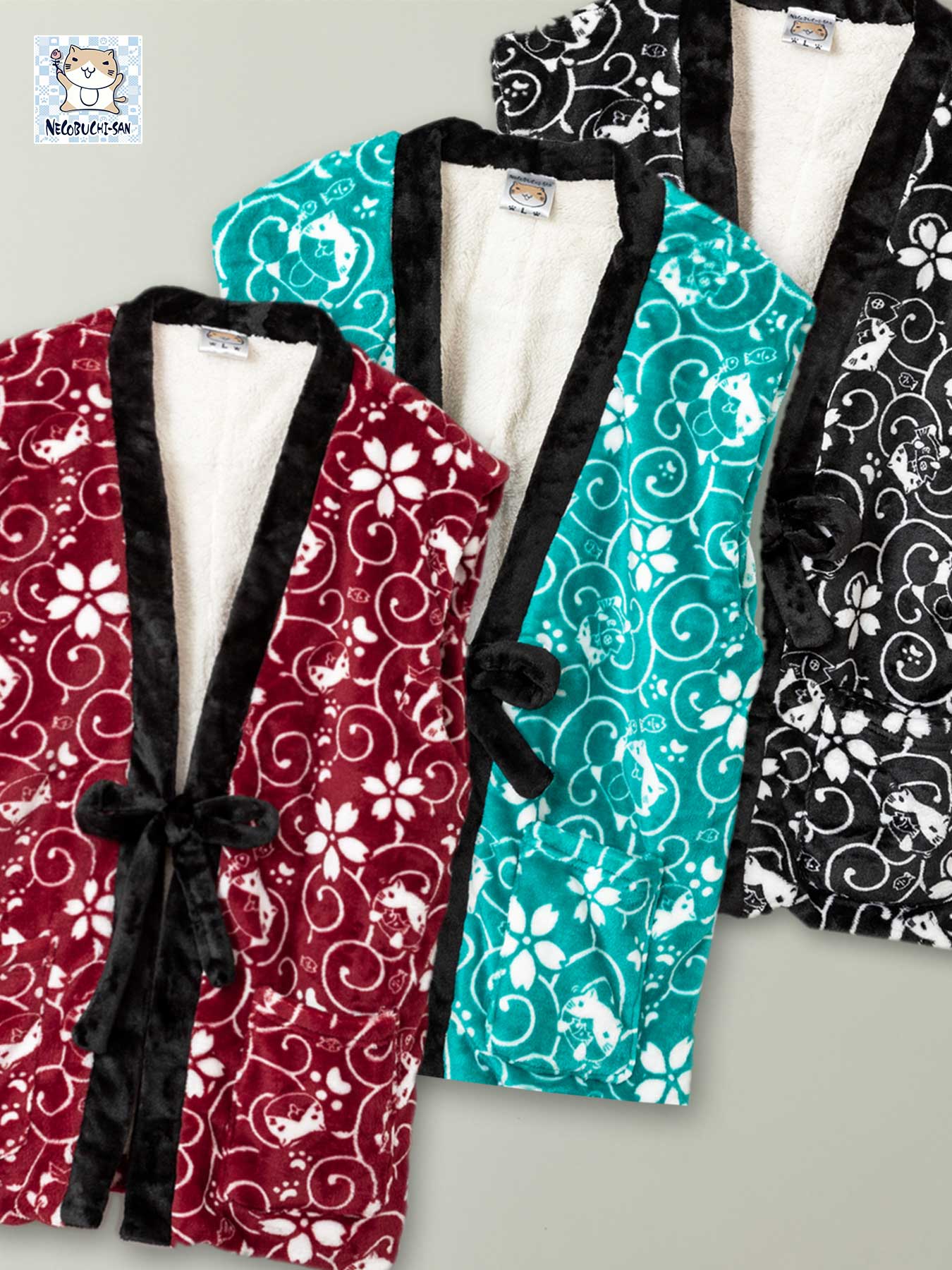 【NECOBUCHI-SAN】桜唐草×猫渕さん 総柄 フリース ボア ちゃんちゃんこ ｜ 和柄 はんてん どてら 通販 冬 冬服 メンズ レディース ユニセックス 黒 ブラック 赤 レッド 緑 グリーン M L XL LL 2L 大きいサイズ 人気 かわいい 流儀圧搾
