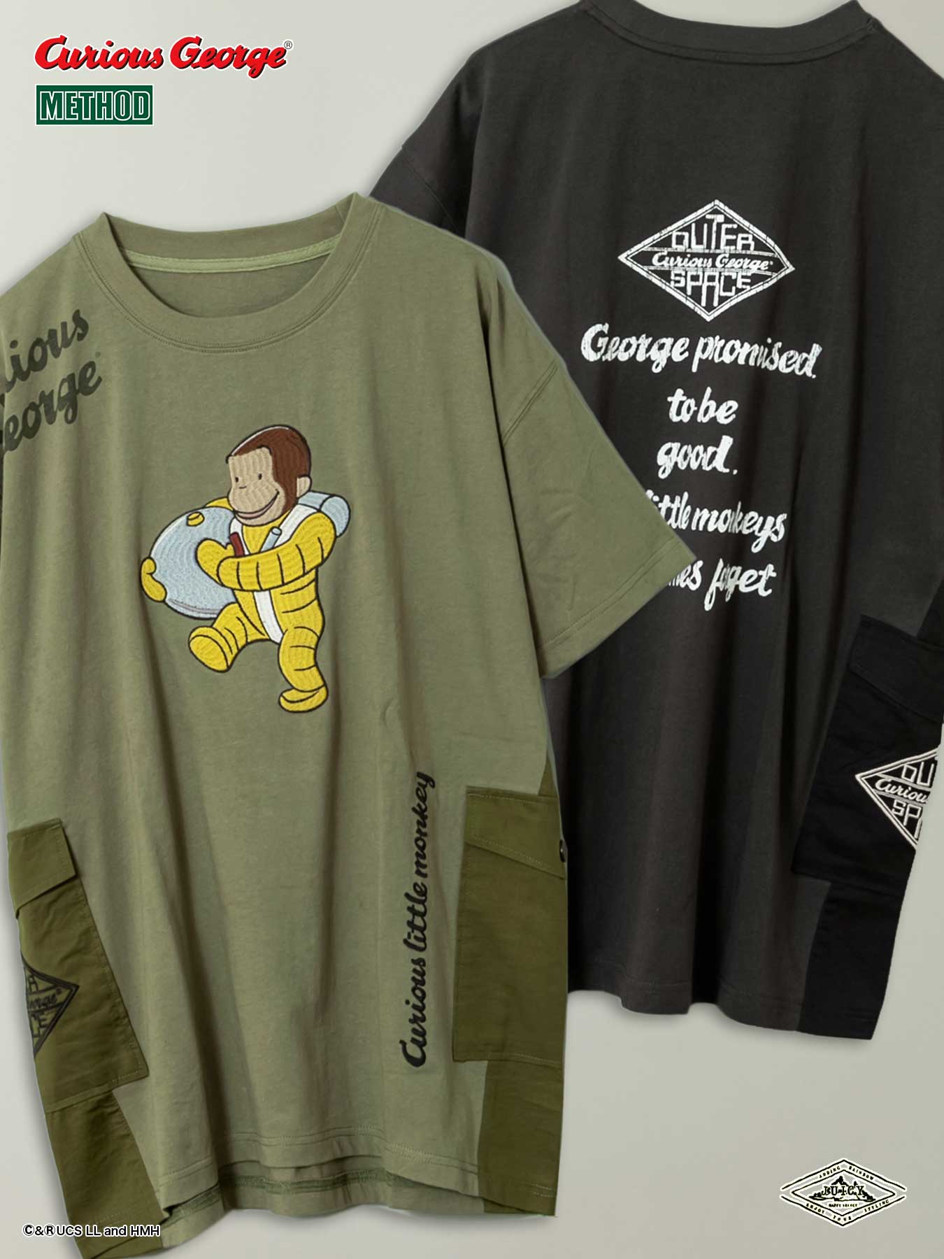 【JUICY×Curious George】“スペース モンキー”異素材 切替 ファティーグ Tシャツ 〔Lady 039 s〕 〔別注〕 ｜ ティーシャツ 半袖 通販 レディース ユニセックス 春 春服 夏 夏服 黒 ブラック 緑 カーキ M L XL LL 2L おさるのジョージ