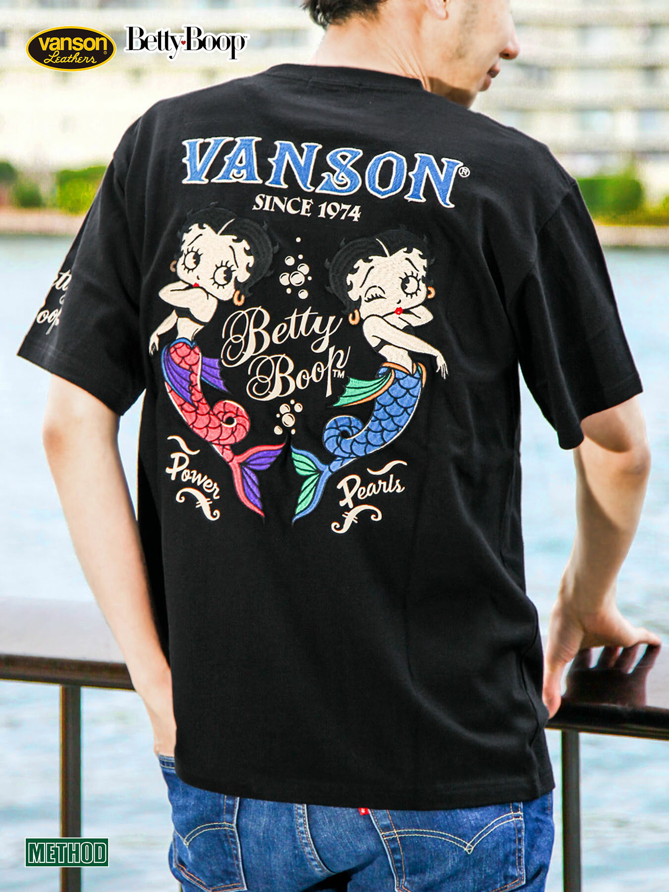 【VANSON×BETTY BOOP】“マーメイド ベティ ” 刺繍入り Tシャツ 〔別注〕 ｜ ティーシャツ 半袖 通販 春 春服 夏 夏服 メンズ レディース ユニセックス 黒 ブラック レオパード ヒョウ柄 S M L XL LL 2L XXL 3L XXXL 4L バンソン バイカー 流儀圧搾 METHOD