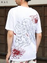 【新主己】“九尾と彼岸花” プリント DRY 素材 Tシャツ ｜ 和柄 半袖T ティーシャツ 通販 夏 夏服 メンズ 白 ホワイト 黒 ブラック 青 ブルー S M L XL LL 2L 大きいサイズ 大きめ ゆったり 通気性 涼しい 吸水 速乾 人気 おすすめ ブランド 流儀圧搾 METHOD