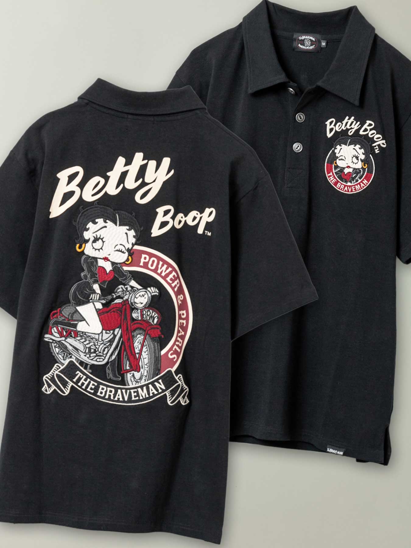 【The BRAVE-MAN×BETTY BOOP】“ バイク ベティ ”刺繍入りベア天竺 ポロシャツ ｜ ポロ Tシャツ 半袖 通販 春 春服 夏 夏服 メンズ ユニセックス 黒 ブラック M L XL LL 2L XXL 3L 人気 ベティちゃん ブレイブマ ブランド 流儀圧搾 METHOD