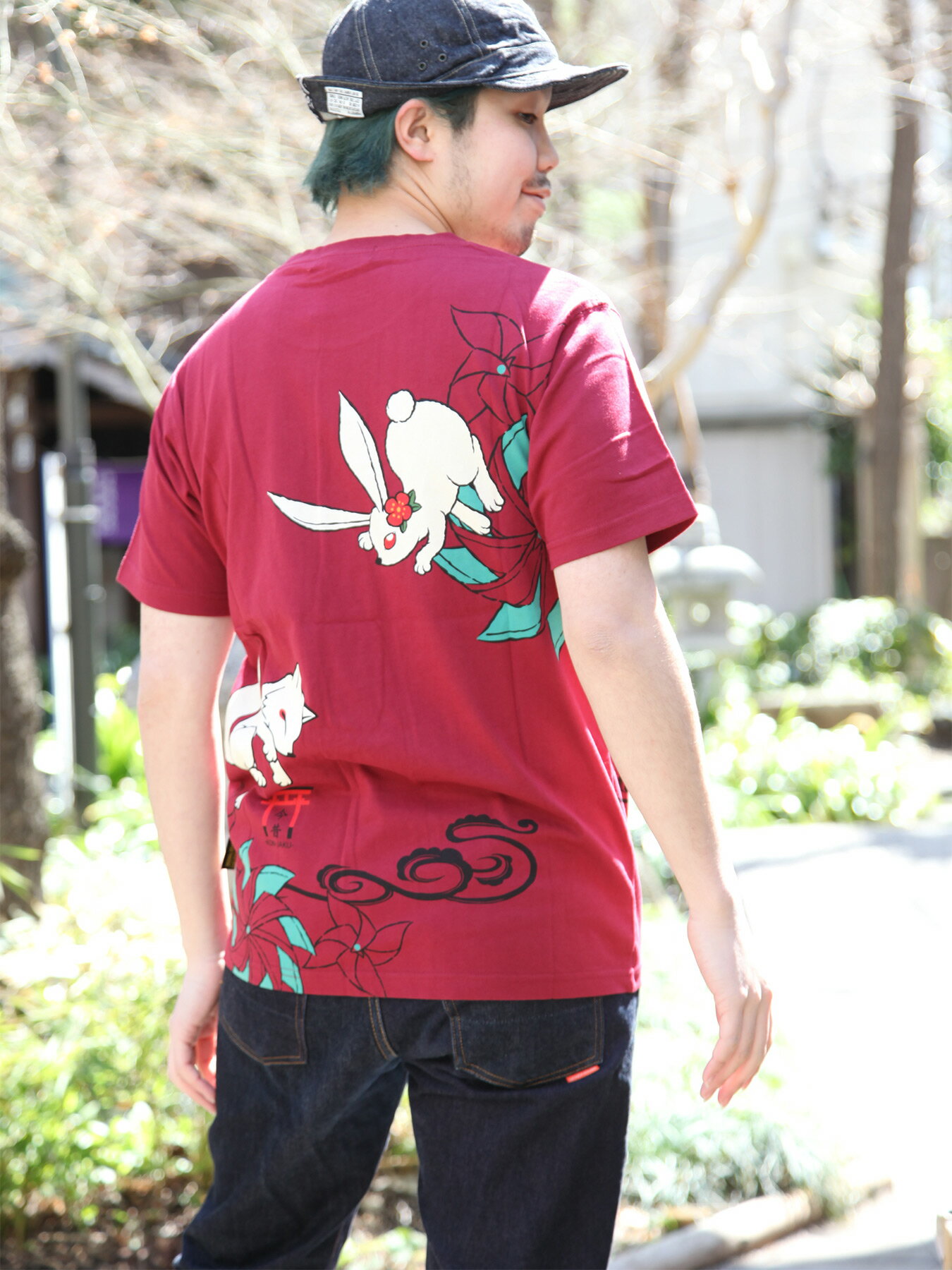 【今昔 -KON-JAKU-】“風車に兎”刺繍入り Tシャツ｜ 和柄 ティーシャツ Tシャツ 半袖 通販 夏 夏服 メンズ レディース ユニセックス 白 ホワイト 黒 ブラック 赤 えんじ レッド ワイン M L XL LL 2L XXL 3L 大きいサイズ 狐 キツネ ブランド 流儀圧搾 METHOD