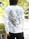 <送料無料>【絡繰魂・粋】雪豹 と 桜 総刺繍 ロンT | 和柄 Tシャツ ロンT 長T ロンティー 長袖 インナー 通販 オールシーズン メンズ レディース ユニセックス オールシーズン 白 ホワイト 黒 ブラック M L XL LL 2L XXL 3L 大きめ ゆったり ブランド からくり 流儀圧搾