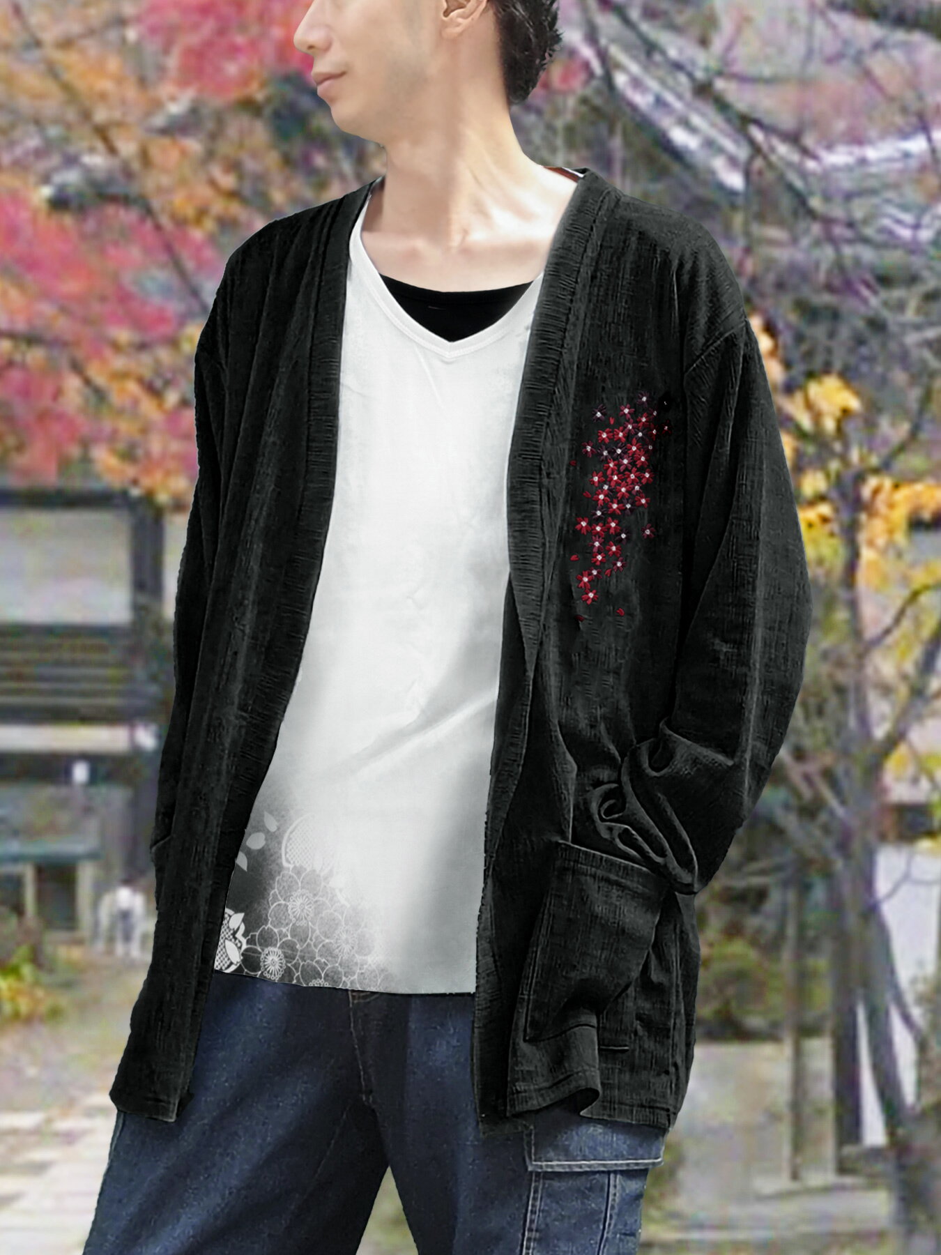 【雅結】桜刺繍カーディガン×Tシャツセット｜ ロングカーデ 半袖 2点セット アンサンブル 重ね着 通販 ..