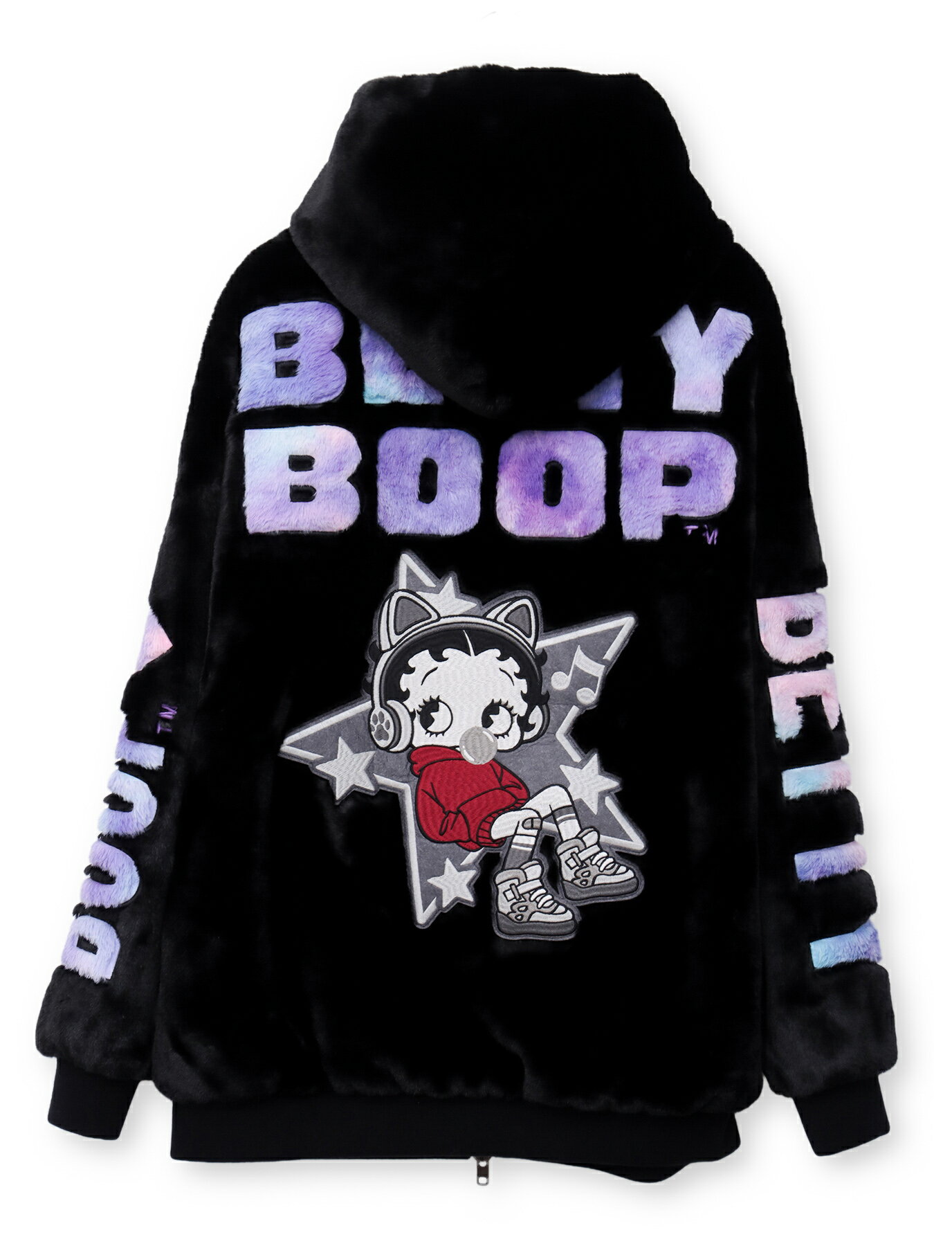 【BETTY BOOP】“TOXIC BETTY”刺繍入りファーパーカー〔別注〕 ｜ 羽織 長袖 パーカー フーディー アウター ファー もこもこ ふわふわ ベティ アメカジ 通販 メンズ レディース 大きいサイズ ゆったり カジュアル M L XL LL 2L 冬服 黒 ブラック ベージュ 茶 キャメル 猫耳
