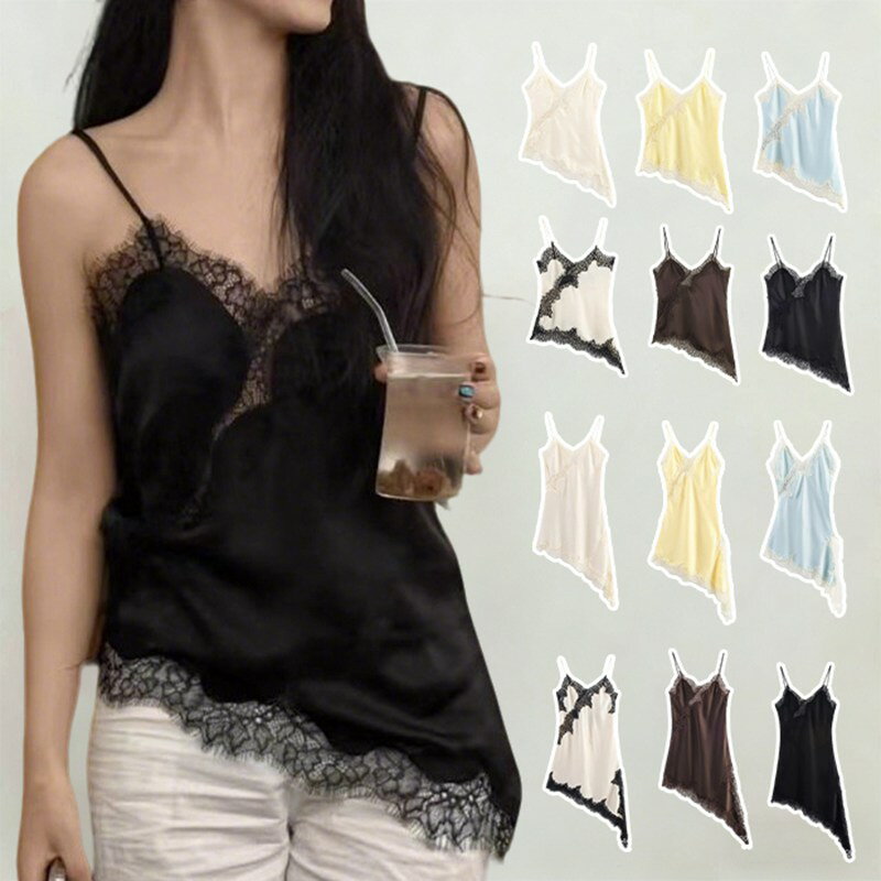 Rakuten - レース サテン レースキャミソール レディース アシンメトリー ベスト トップス サテンレース サテンキャミ キャミソールベスト レースキャミ Vネック レイヤード 重ね着 光沢感 インナー オシャレ 可愛い