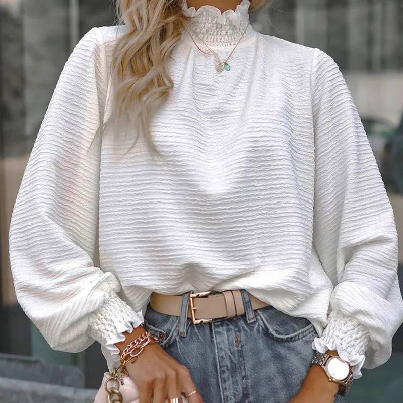 Rakuten - ブラウス レディース 長袖 ハイネック 立ち襟 シャツ 凸凹感 春 新作 秋物 スタンドカラー 無地 プルオーバー 盛り袖 ボリューム袖 綺麗め カジュアル オフィスカジュアル 体型カバー ゆったり 大きいサイズ 柔らかい 落ち感