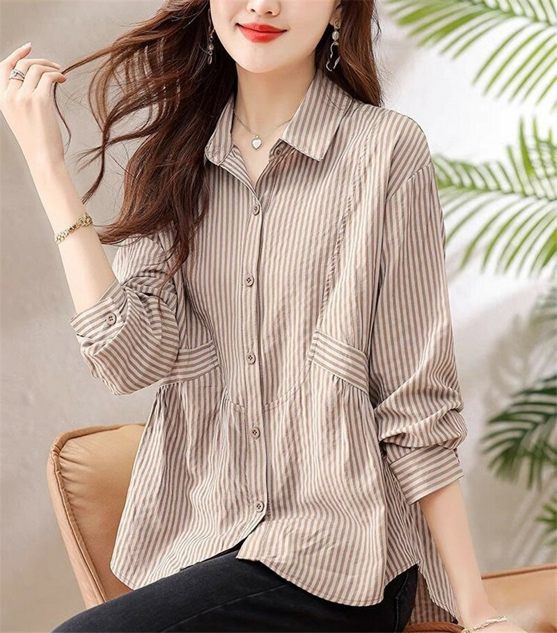Rakuten - レディース ブラウス 着痩せ 体型カバー トップス ストライプ 長袖 シャツ オフィス フォーマル 制服 レギュラー きれいめ 春 M L XL 2XL 3XL